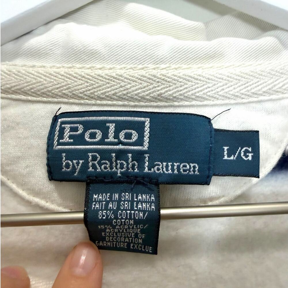 Polo Ralph Lauren Striped Rugby Shirt Cream Navy Long Sleeve Size Large - Picture 2 of 9